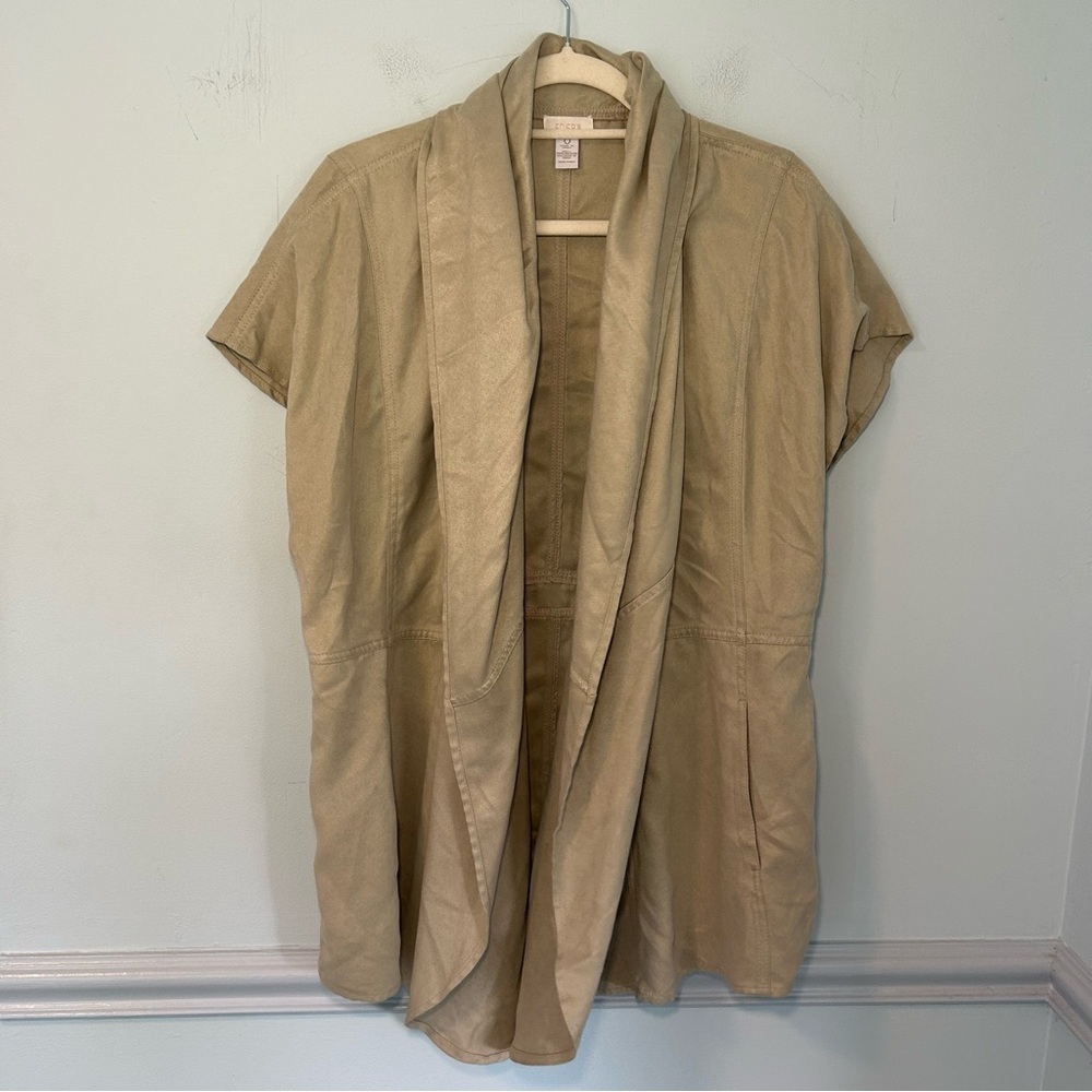 Chico’s Tan Moleskin Short Dolman Sleeve Deep Pocket Open Front Jacket Size 4